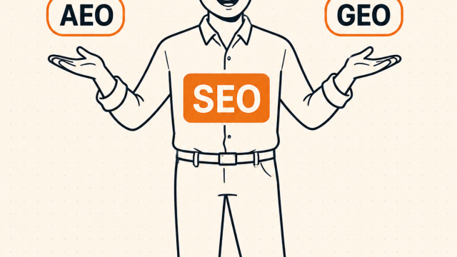 Illustration of a person shrugging between AEO and GEO labels, wearing an SEO badge — SEO as the foundation both AEO and GEO build on